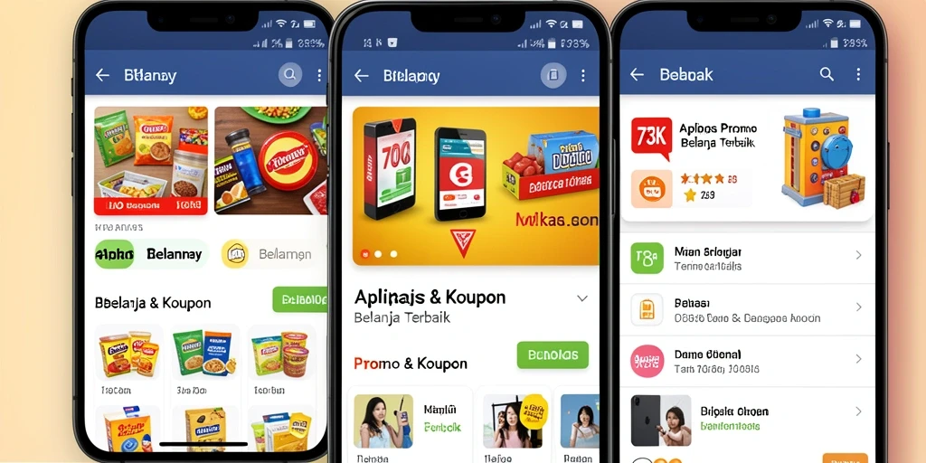 Tampilan antarmuka aplikasi 73K dengan berbagai promo dan kupon.