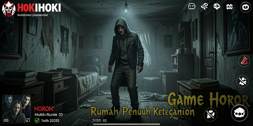 Antarmuka HOKIHOKI menampilkan suasana rumah angker yang menakutkan.
